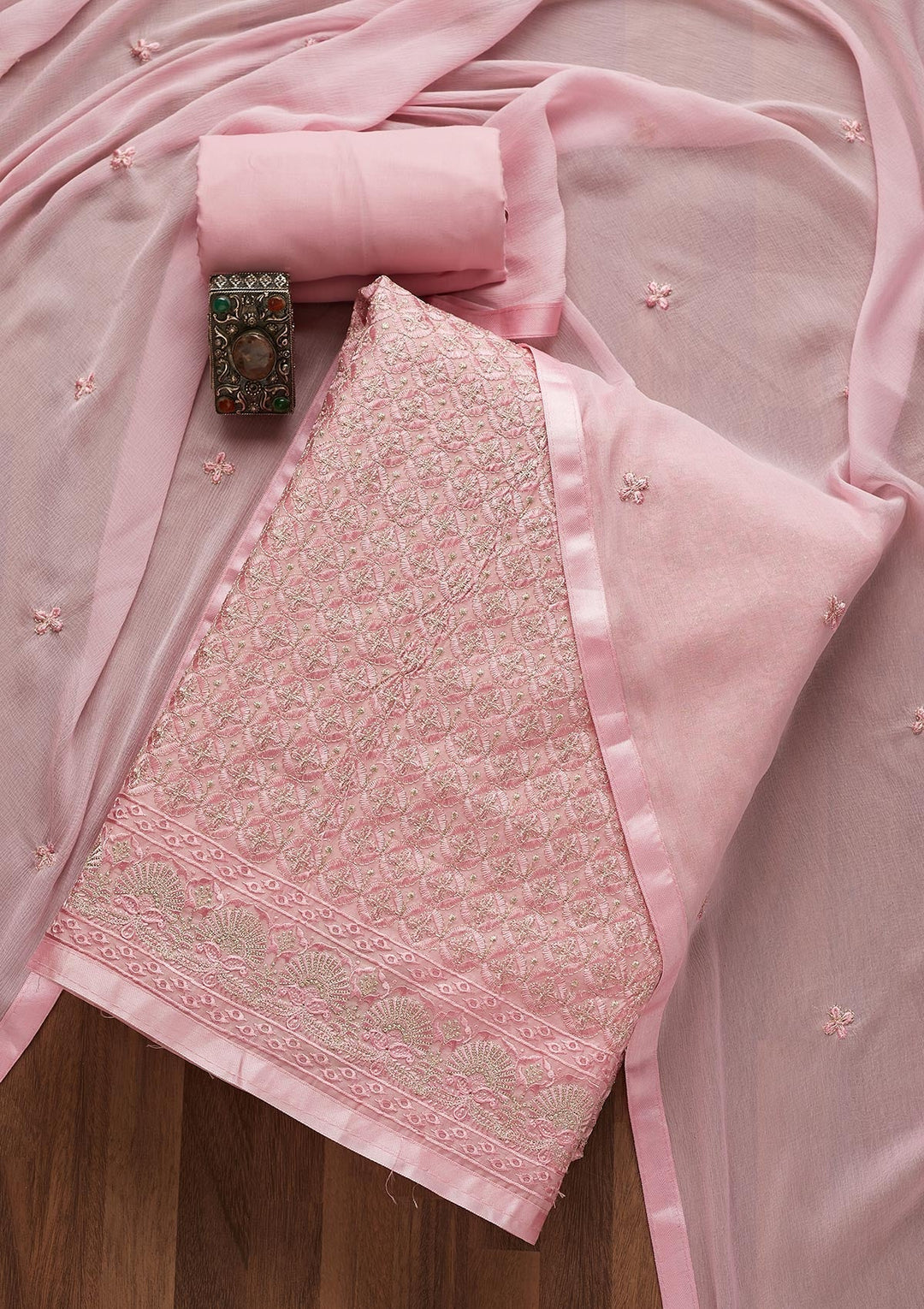 Pink Threadwork Chanderi Unstitched Salwar Suit-Koskii