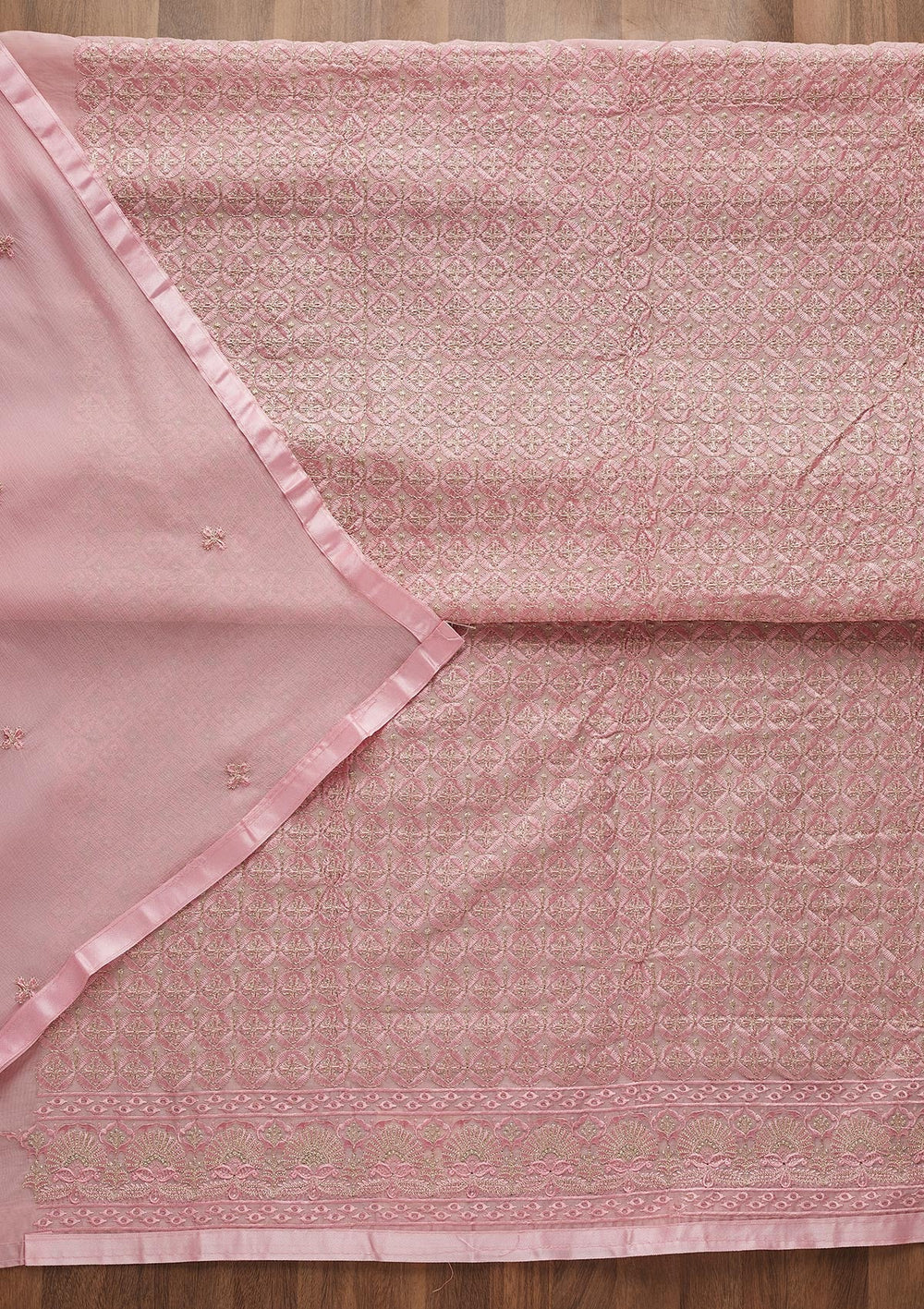 Pink Threadwork Chanderi Unstitched Salwar Suit-Koskii