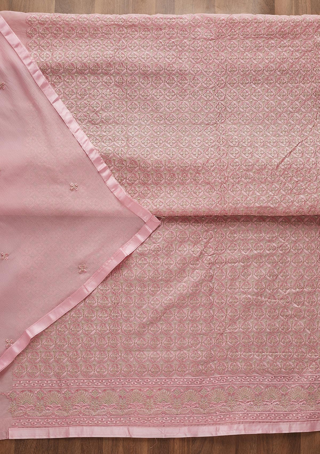 Pink Threadwork Chanderi Unstitched Salwar Suit-Koskii