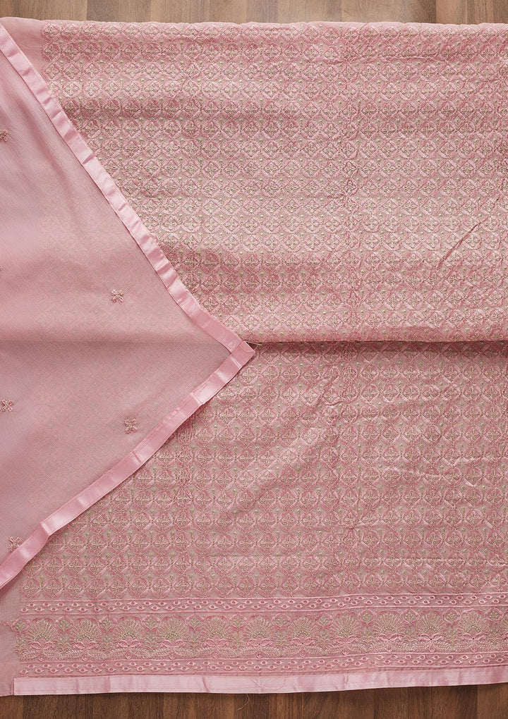 Pink Threadwork Chanderi Unstitched Salwar Suit-Koskii