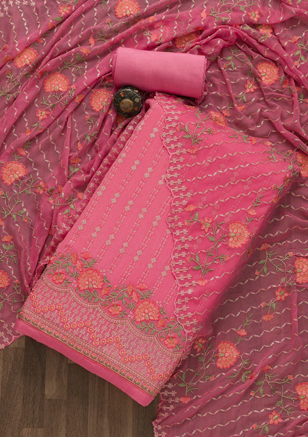 Pink Threadwork Chiffon Unstitched Salwar Suit-Koskii