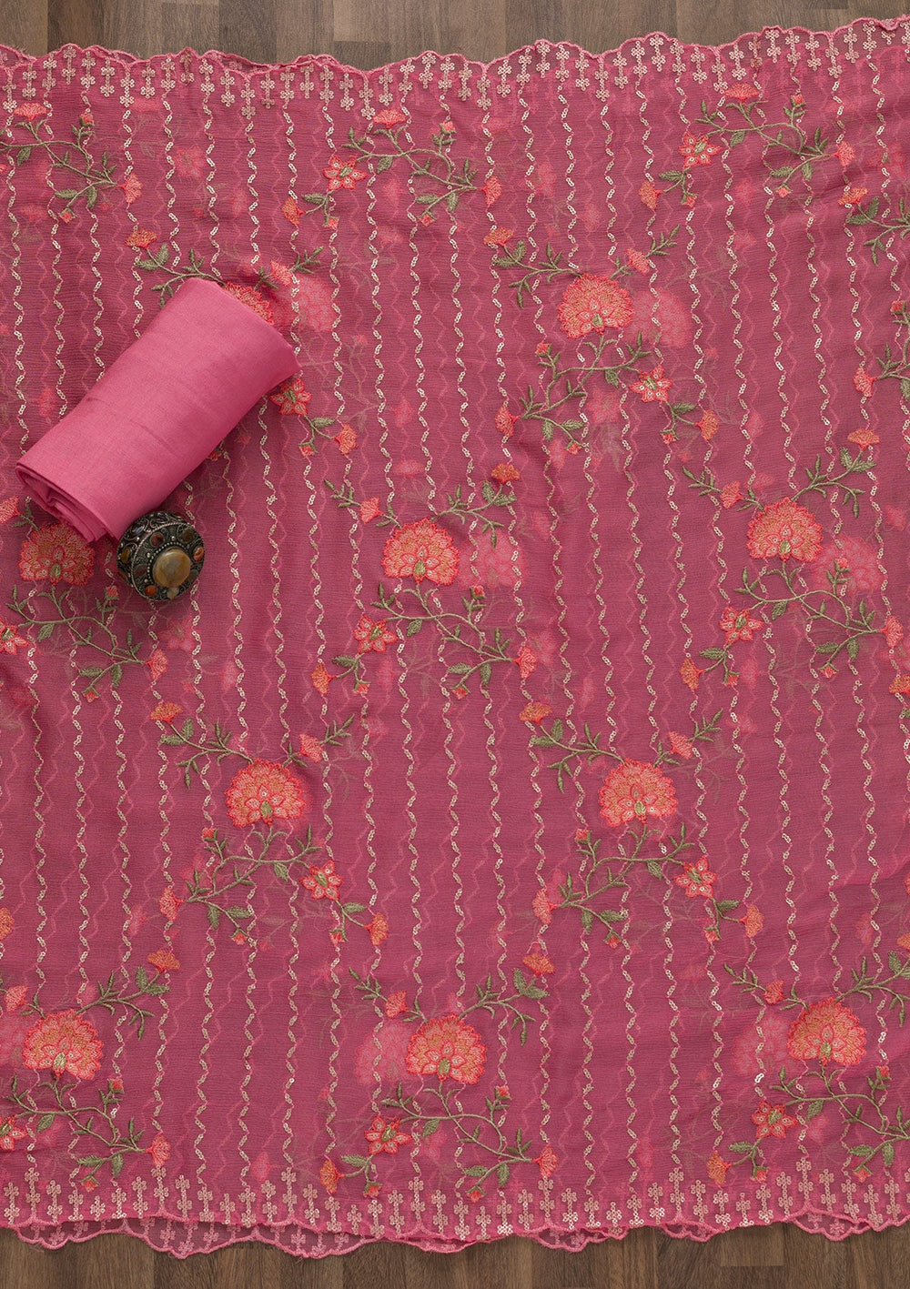 Pink Threadwork Chiffon Unstitched Salwar Kameez-Koskii