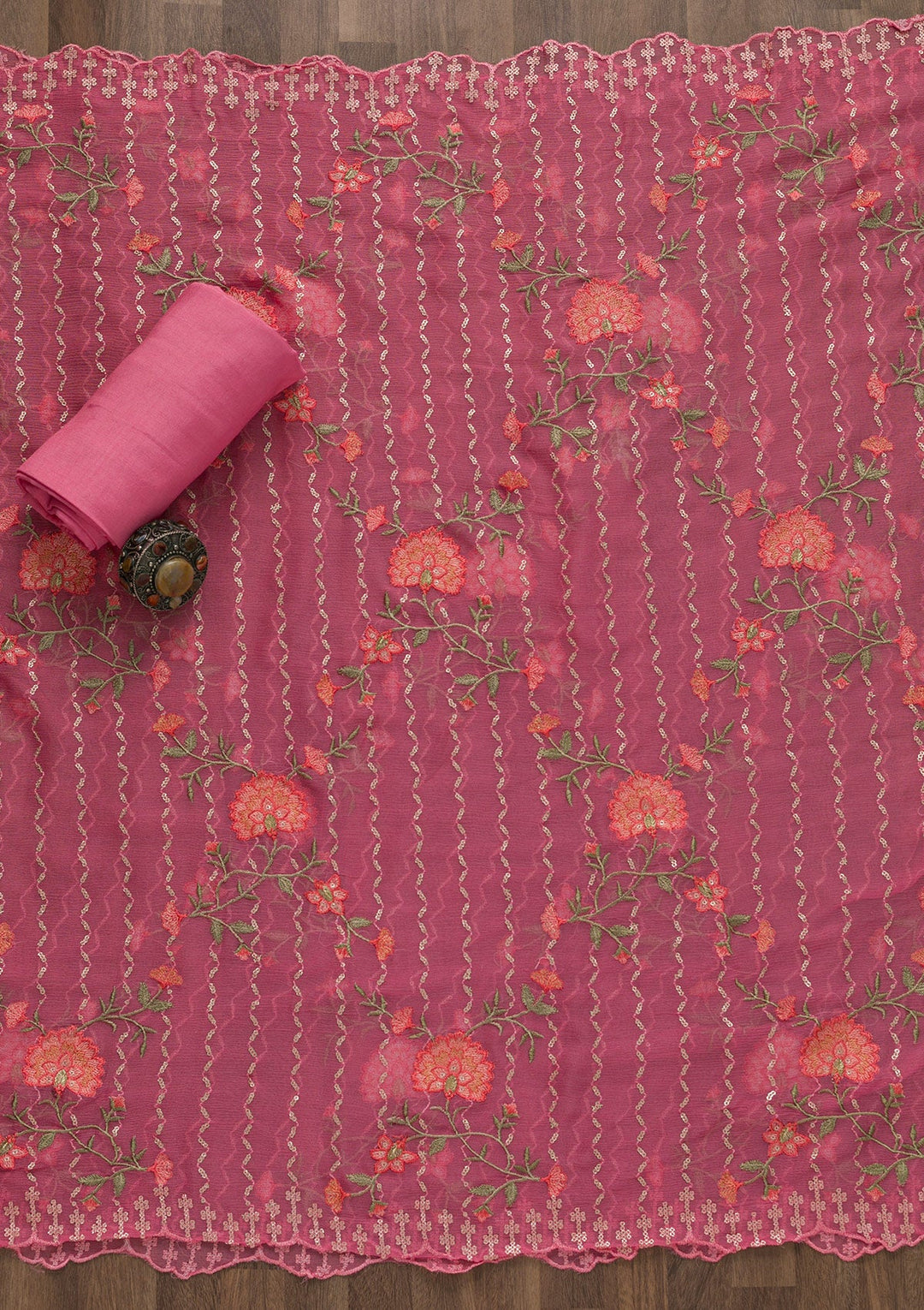 Pink Threadwork Chiffon Unstitched Salwar Kameez-Koskii