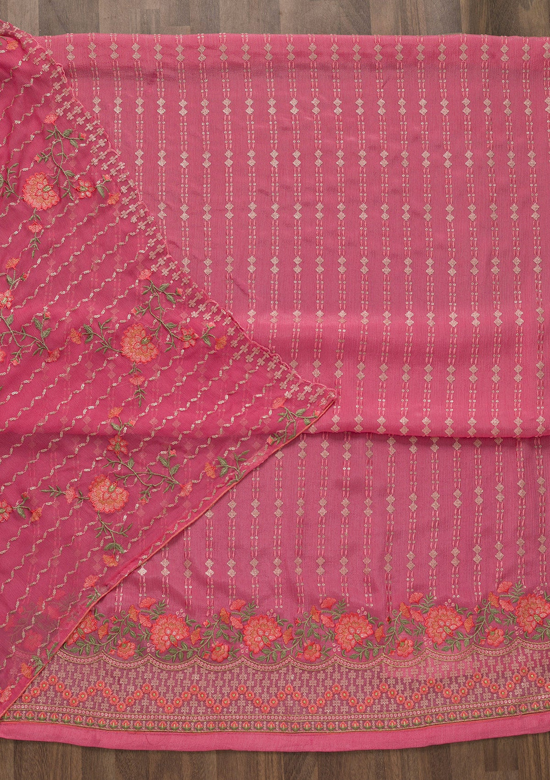 Pink Threadwork Chiffon Unstitched Salwar Kameez-Koskii