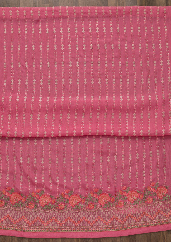 Pink Threadwork Chiffon Unstitched Salwar Kameez-Koskii