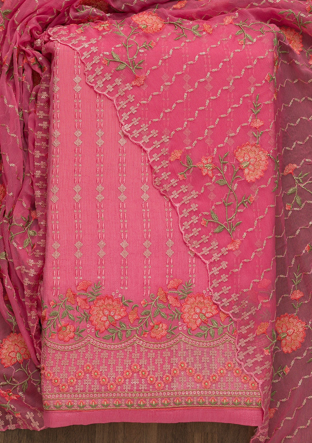 Pink Threadwork Chiffon Unstitched Salwar Kameez-Koskii