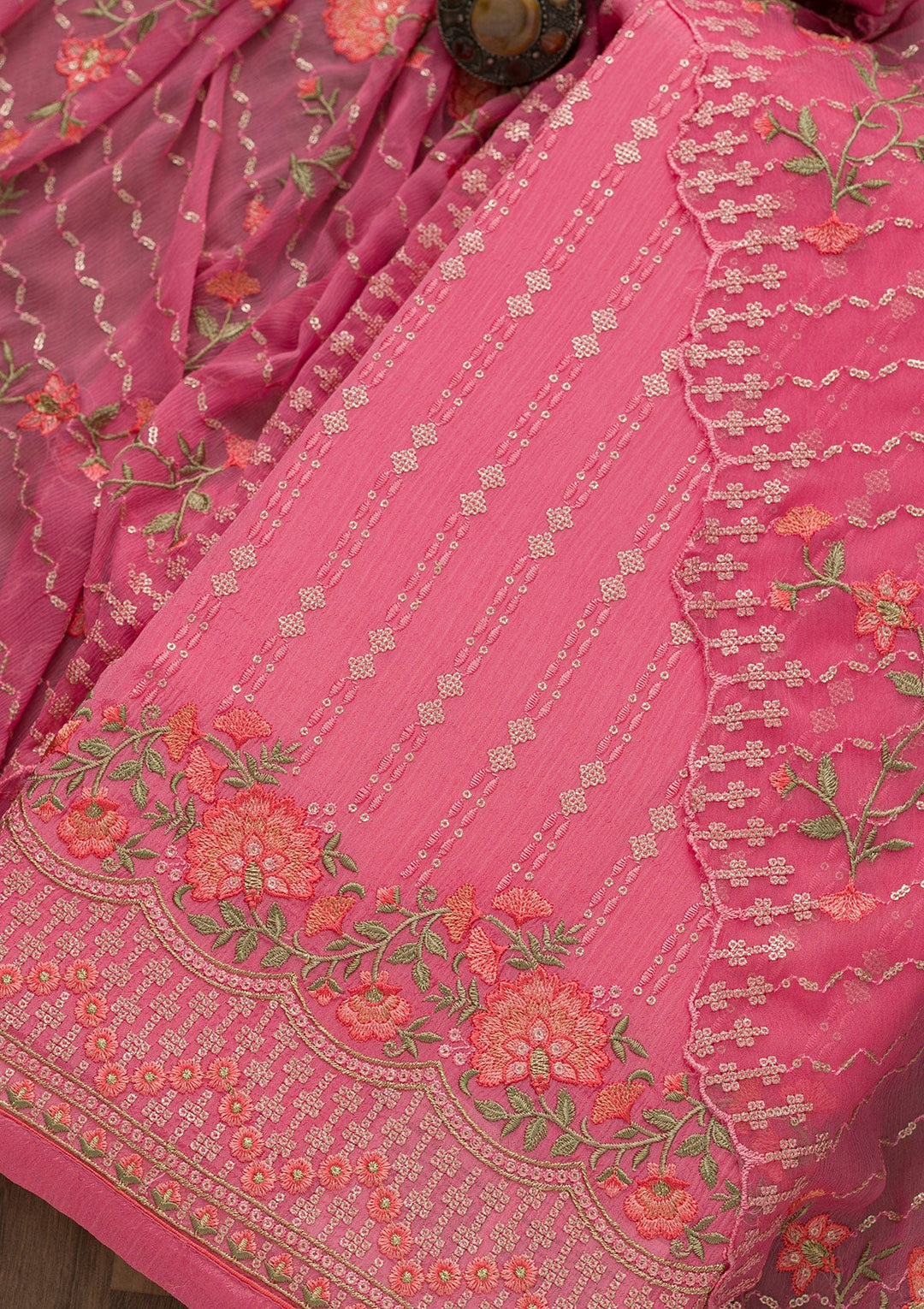 Pink Threadwork Chiffon Unstitched Salwar Kameez-Koskii