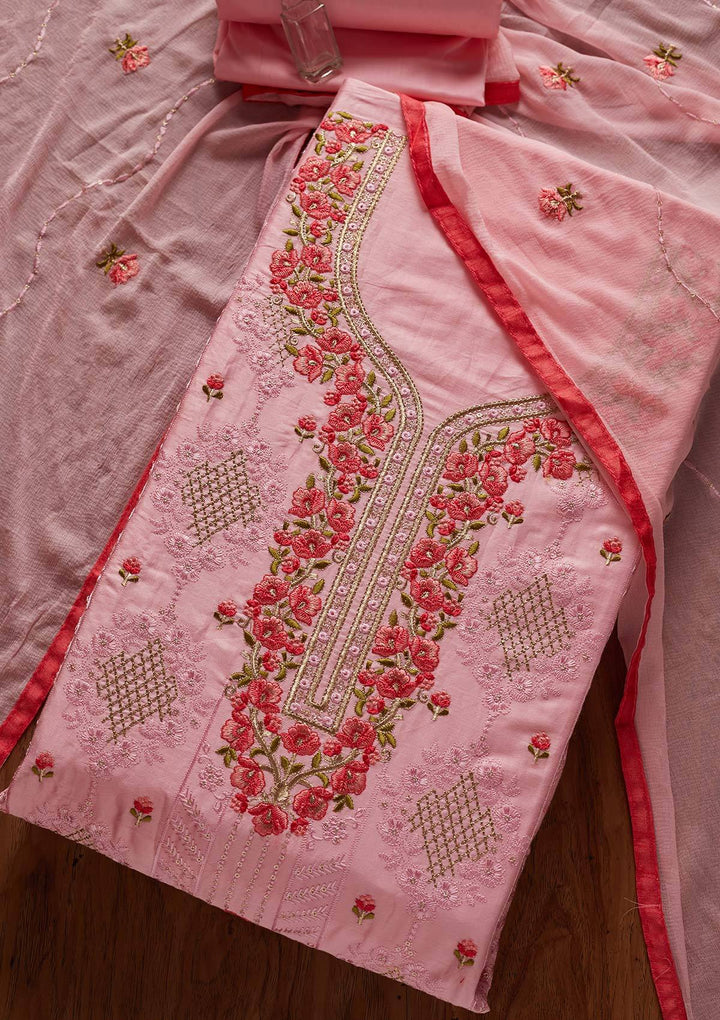 Pink Threadwork Cotton Designer Unstitched Salwar Suit - koskii