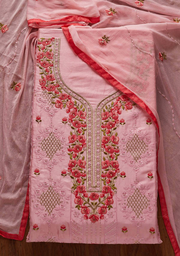 Pink Threadwork Cotton Designer Unstitched Salwar Suit - koskii