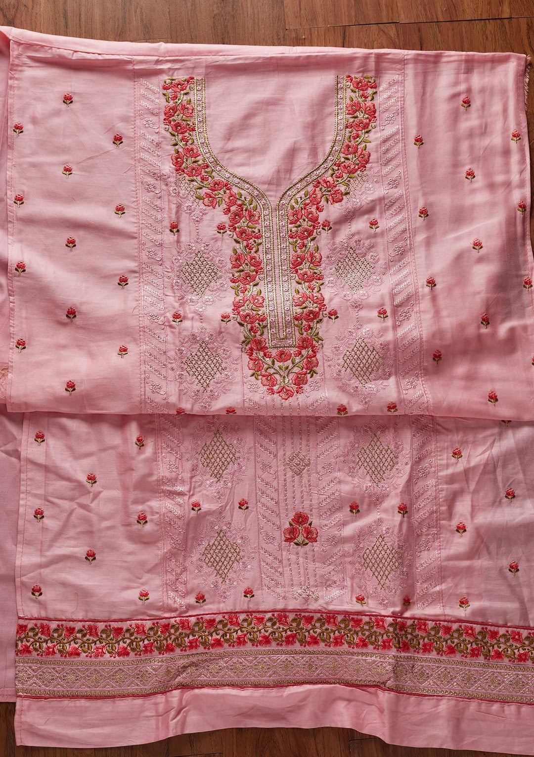 Pink Threadwork Cotton Designer Unstitched Salwar Suit - koskii