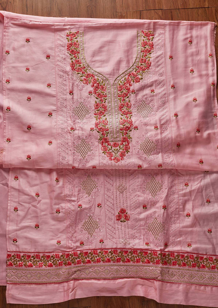 Pink Threadwork Cotton Designer Unstitched Salwar Suit - koskii