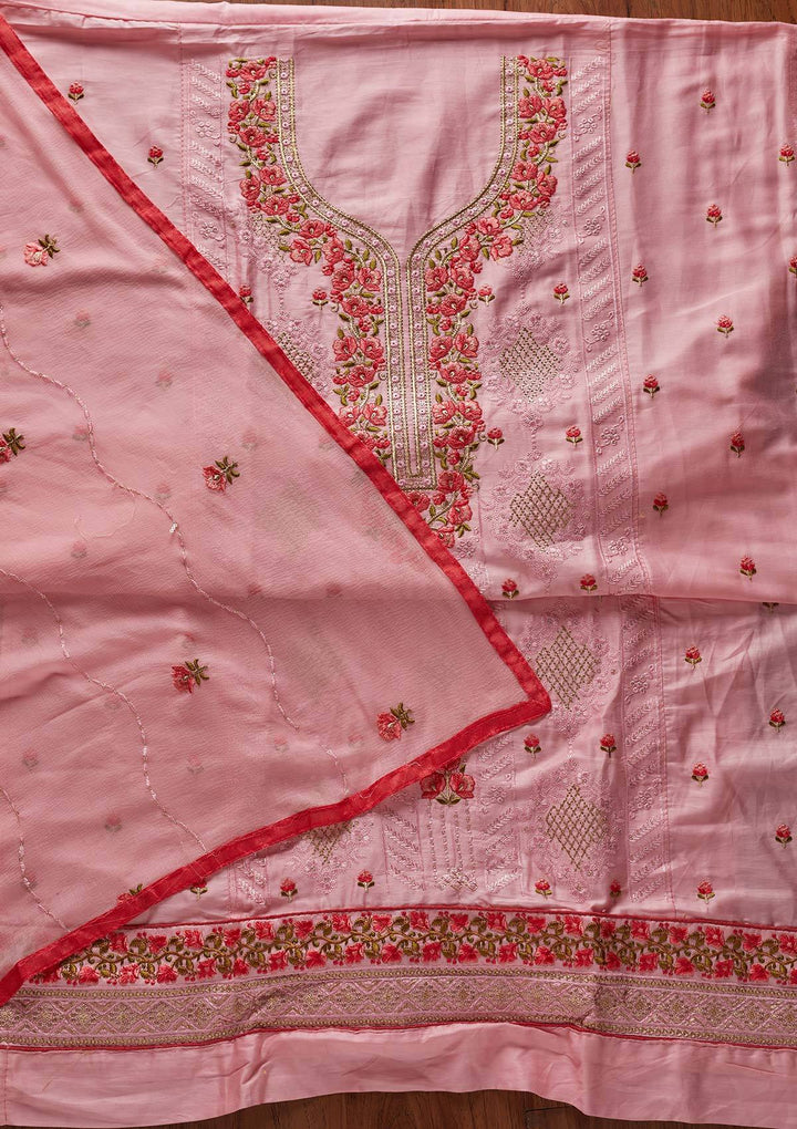 Pink Threadwork Cotton Designer Unstitched Salwar Suit - koskii