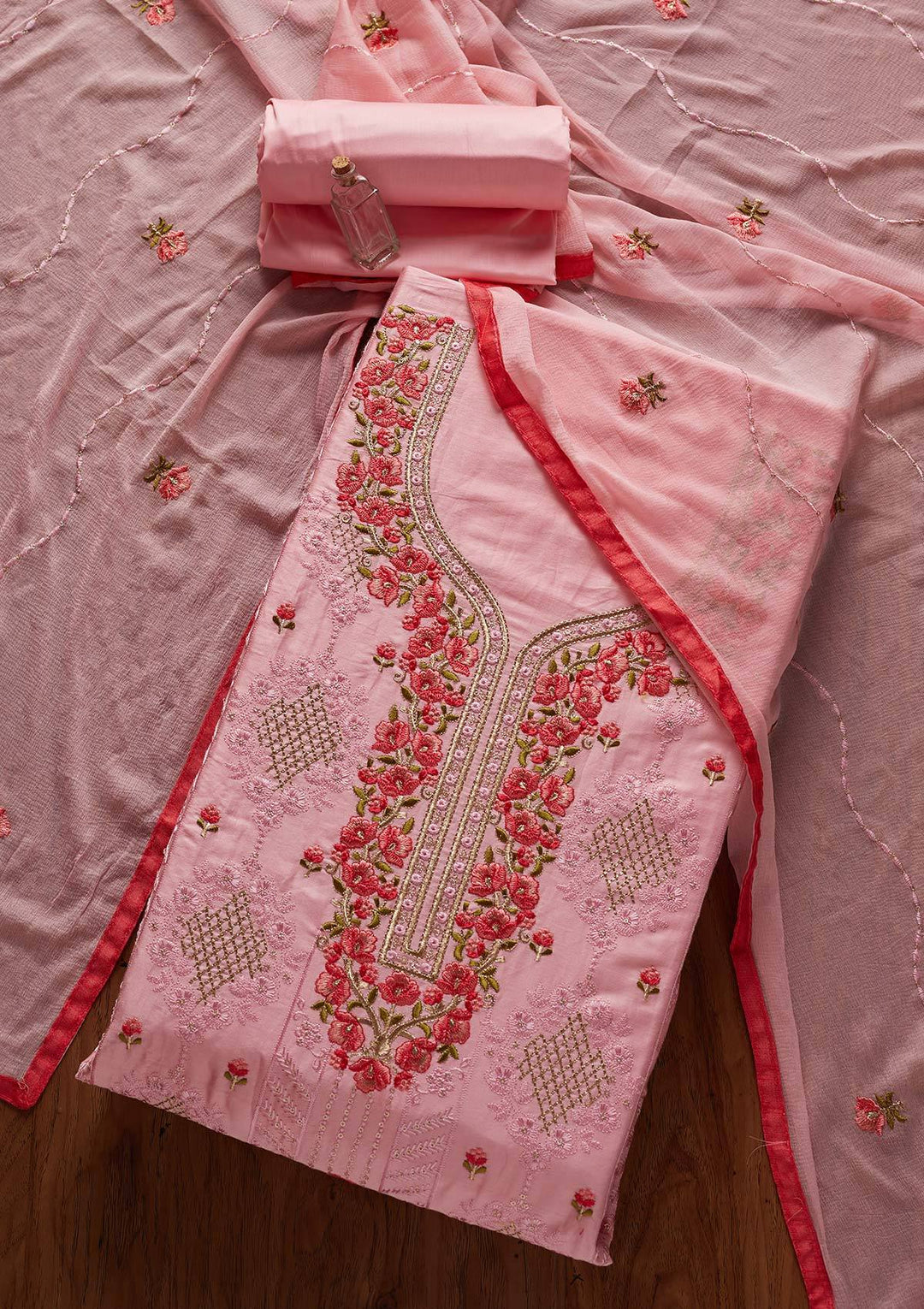 Pink Threadwork Cotton Designer Unstitched Salwar Suit - koskii