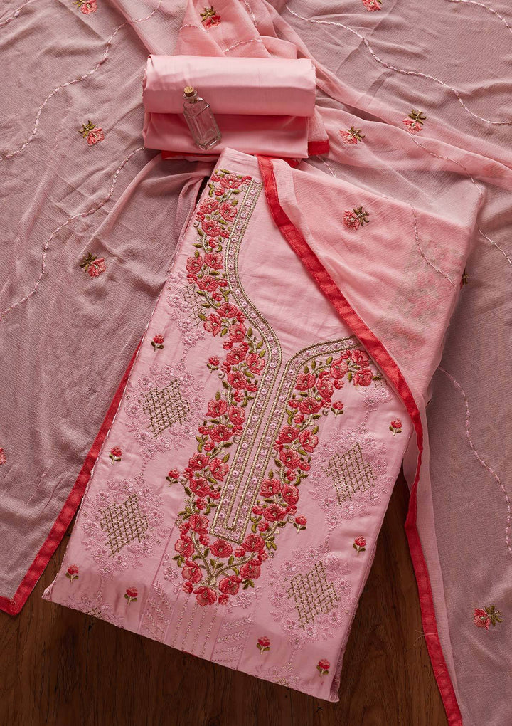 Pink Threadwork Cotton Designer Unstitched Salwar Suit - koskii