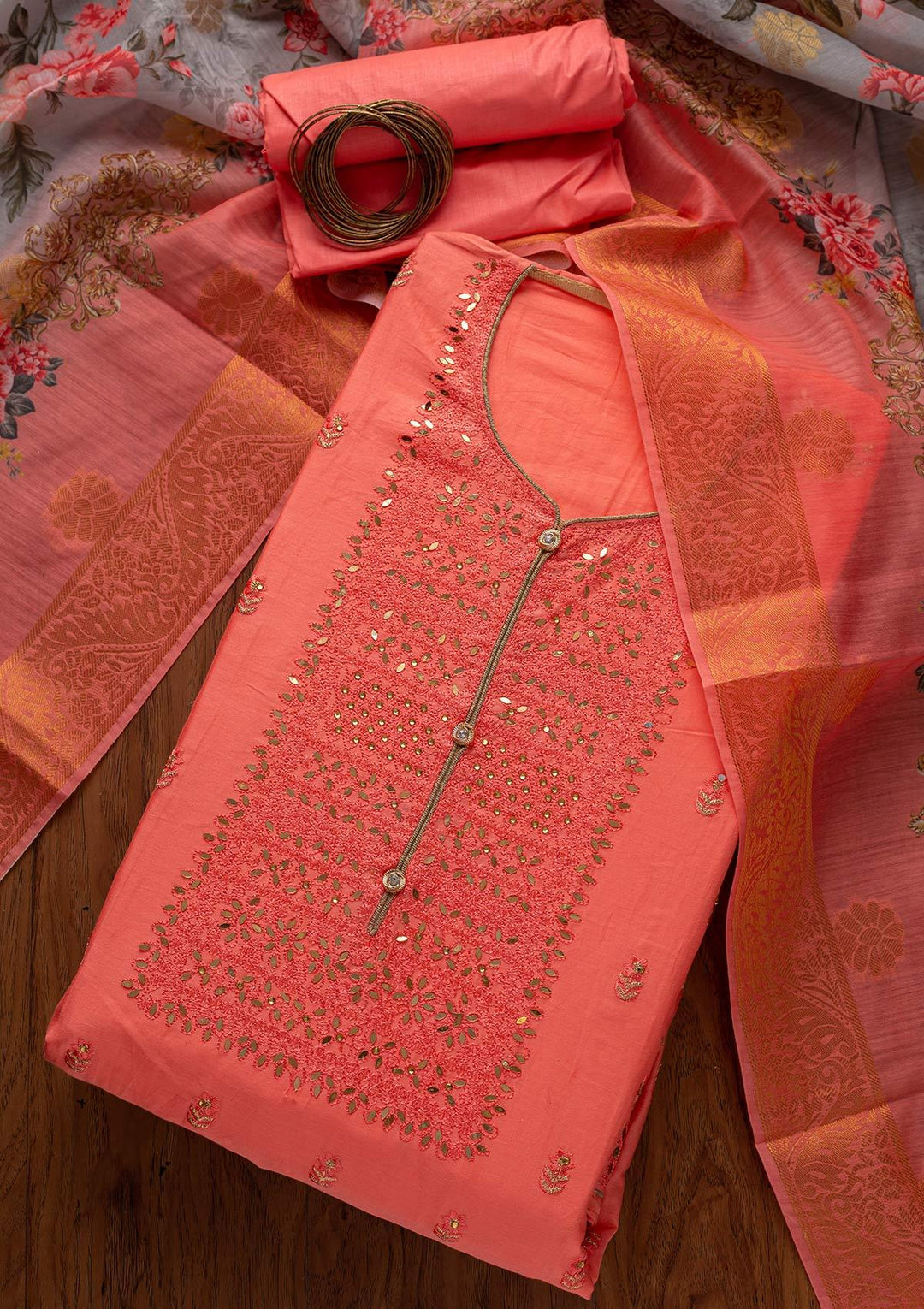 Pink Threadwork Cotton Designer Unstitched Salwar Suit - koskii