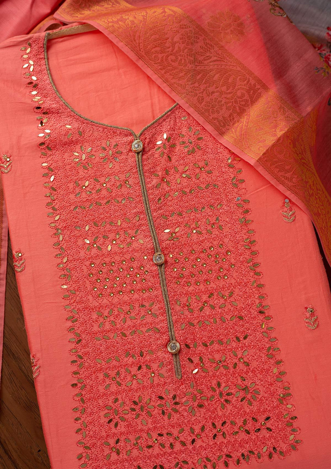 Pink Threadwork Cotton Designer Unstitched Salwar Suit - koskii