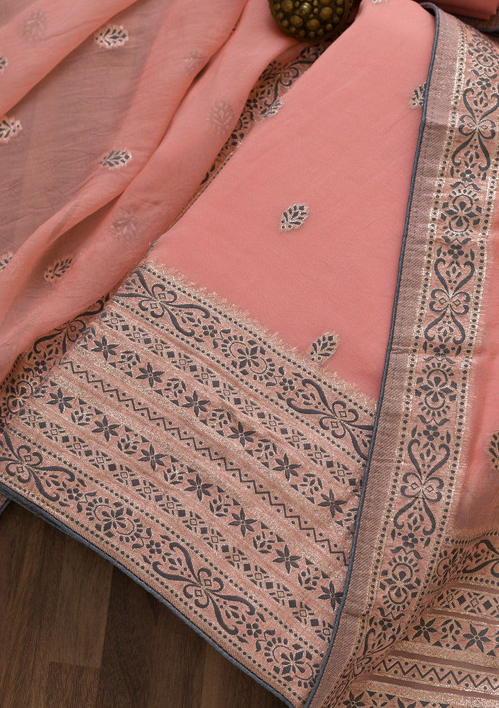 Pink Threadwork Cotton Unstitched Salwar Suit-Koskii