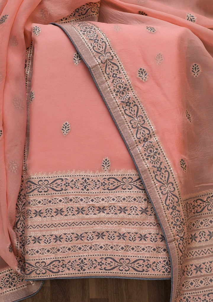 Pink Threadwork Cotton Unstitched Salwar Suit-Koskii