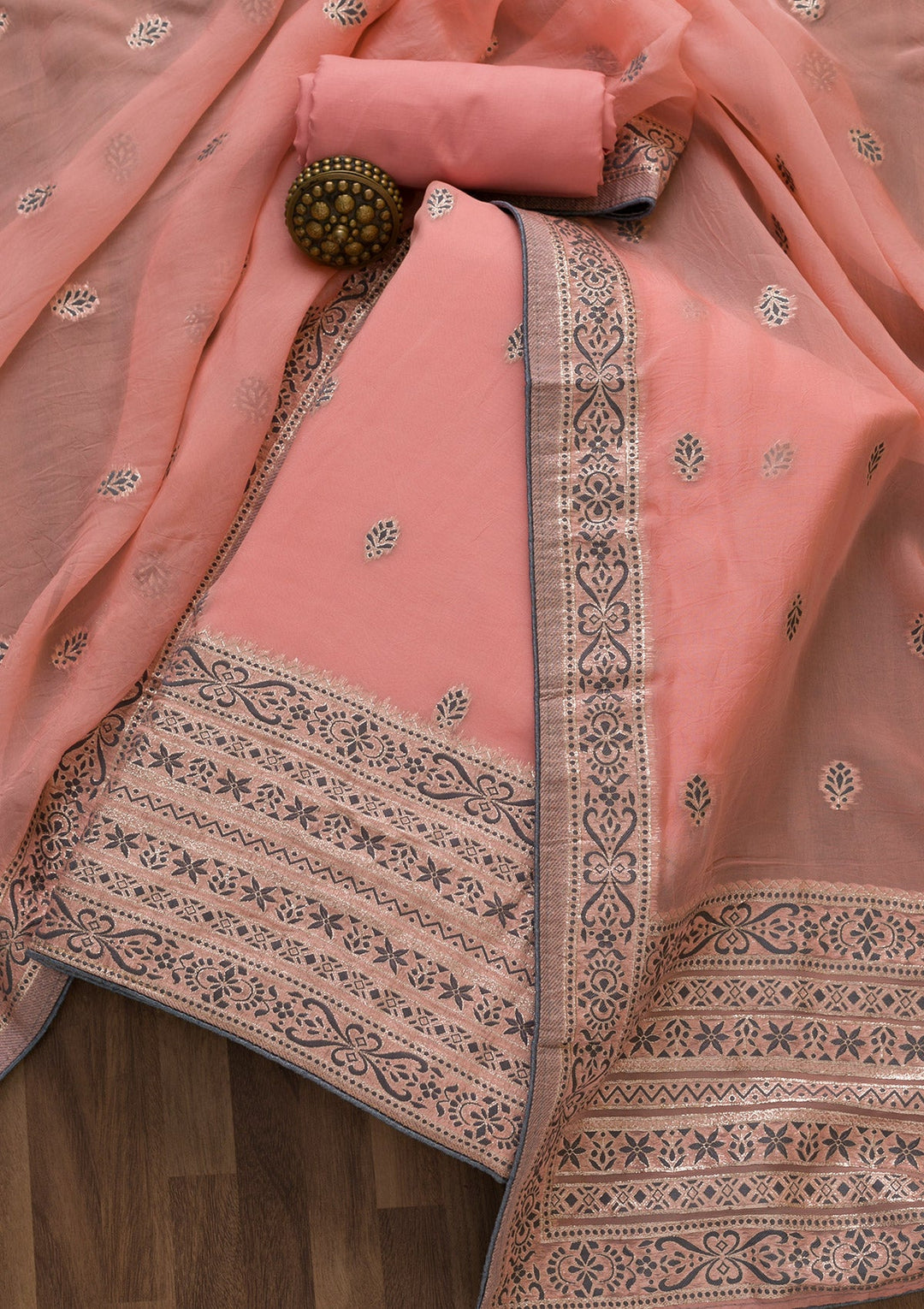 Pink Threadwork Cotton Unstitched Salwar Suit-Koskii