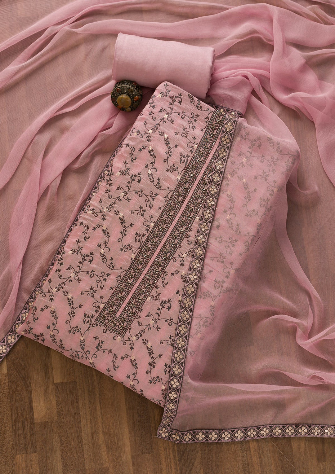 Pink Threadwork Cutdana Unstitched Salwar Kameez-Koskii
