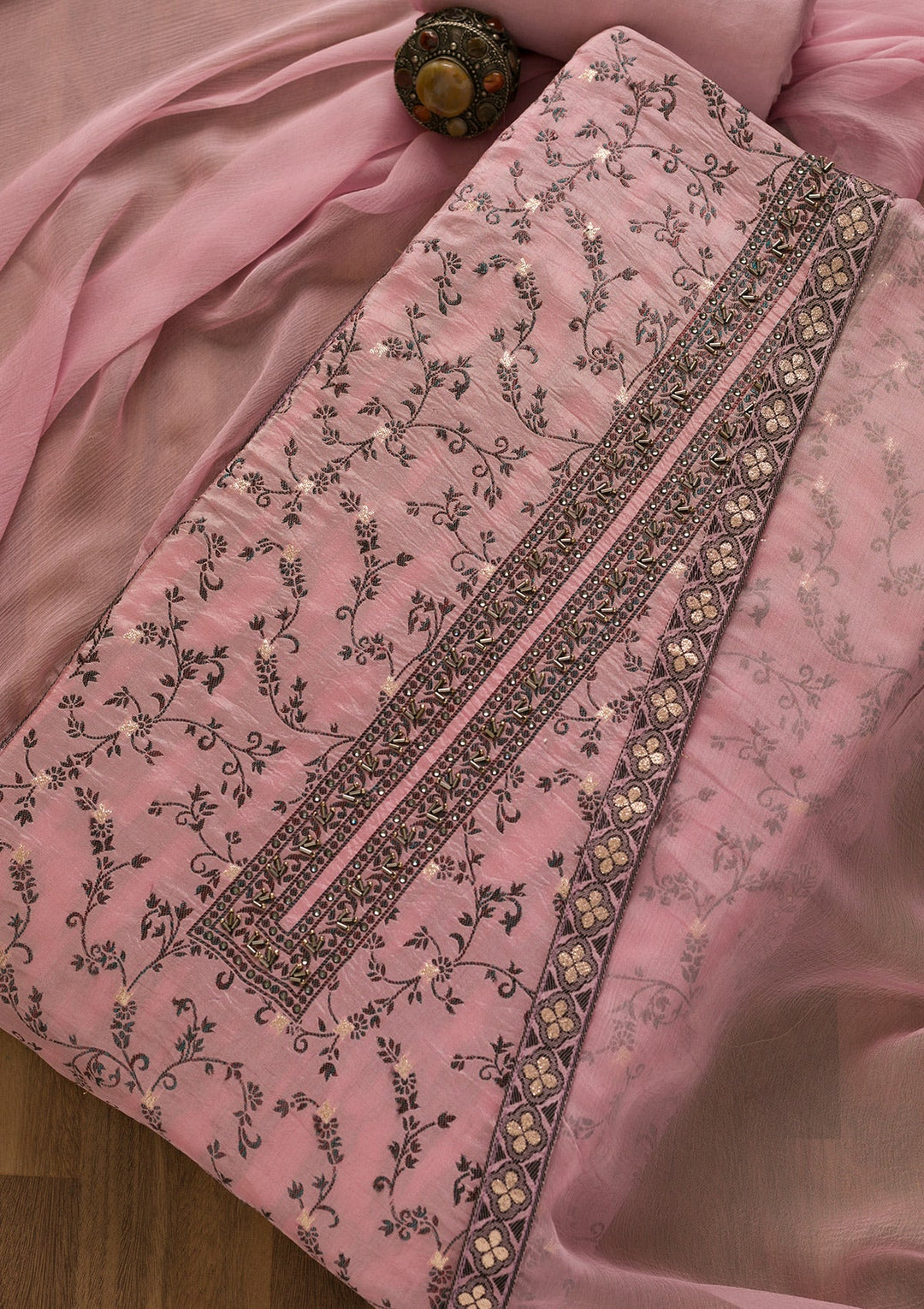 Pink Threadwork Cutdana Unstitched Salwar Kameez-Koskii