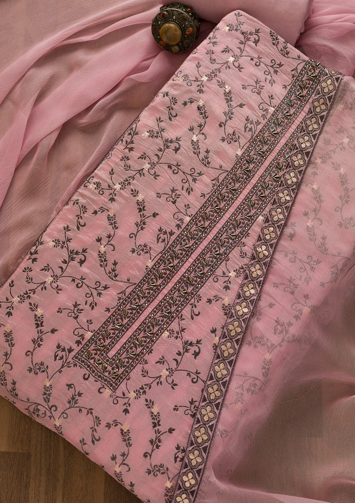 Pink Threadwork Cutdana Unstitched Salwar Kameez-Koskii