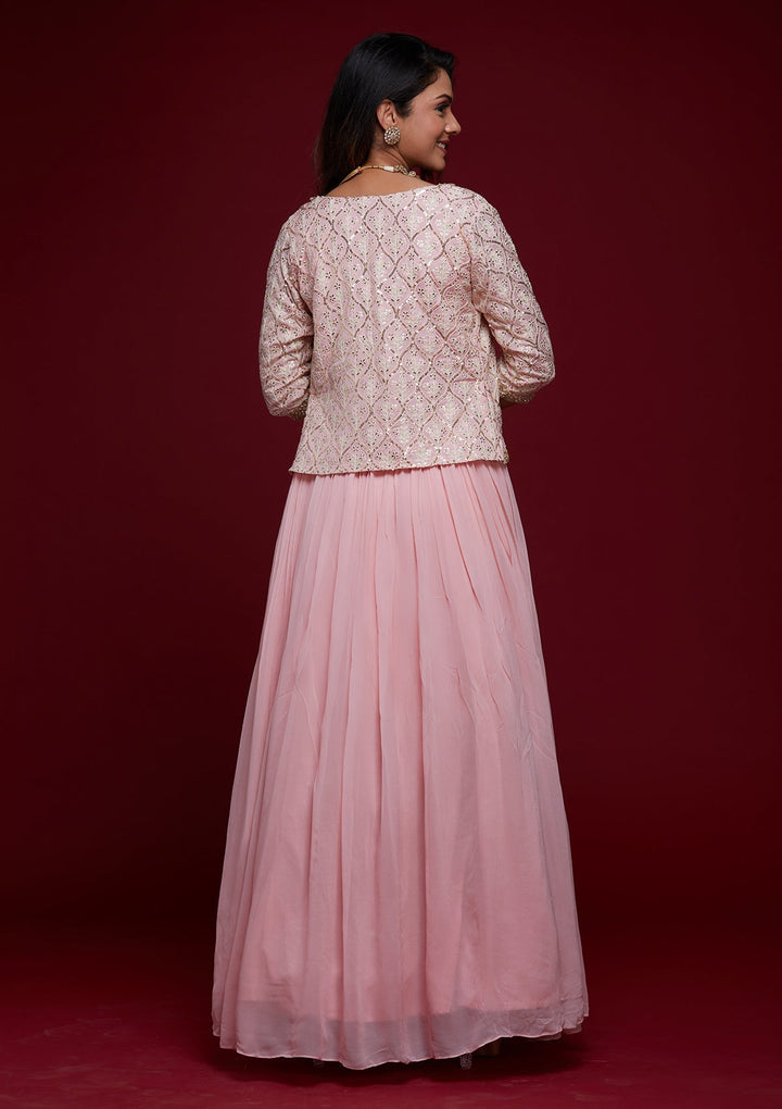 Pink Threadwork Georgette Designer Lehenga - Koskii