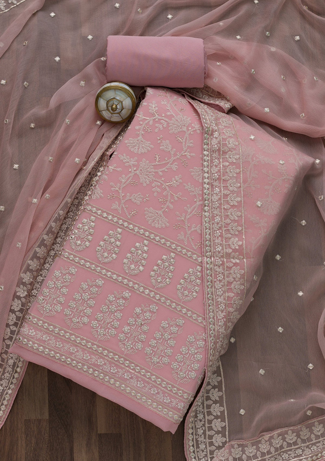 Pink Threadwork Georgette Unstitched Salwar Suit-Koskii