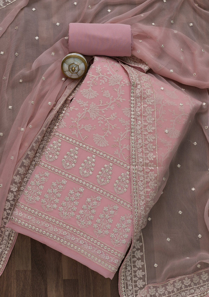 Pink Threadwork Georgette Unstitched Salwar Suit-Koskii
