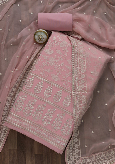 Pink Threadwork Georgette Unstitched Salwar Suit-Koskii