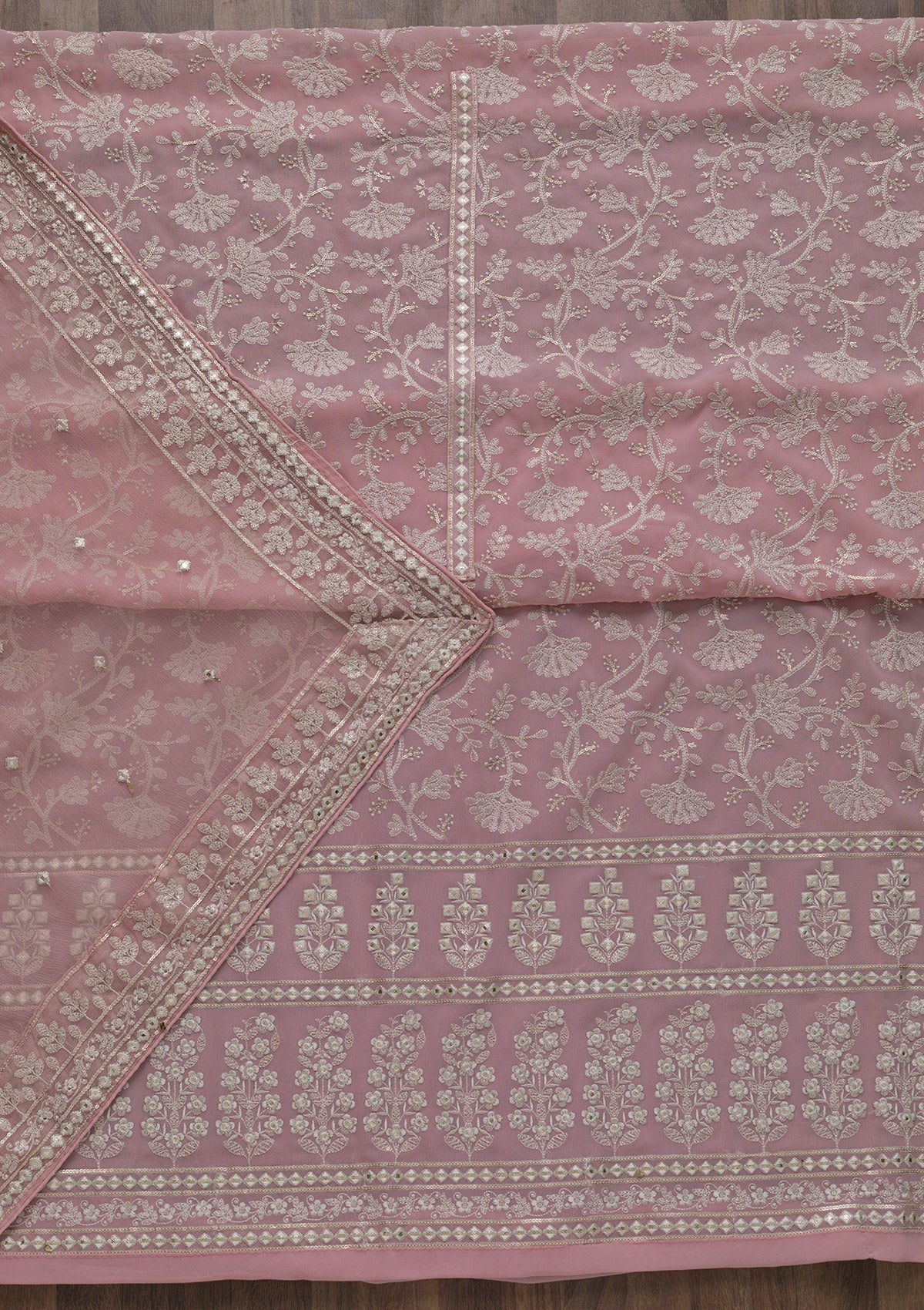 Pink Threadwork Georgette Unstitched Salwar Suit-Koskii