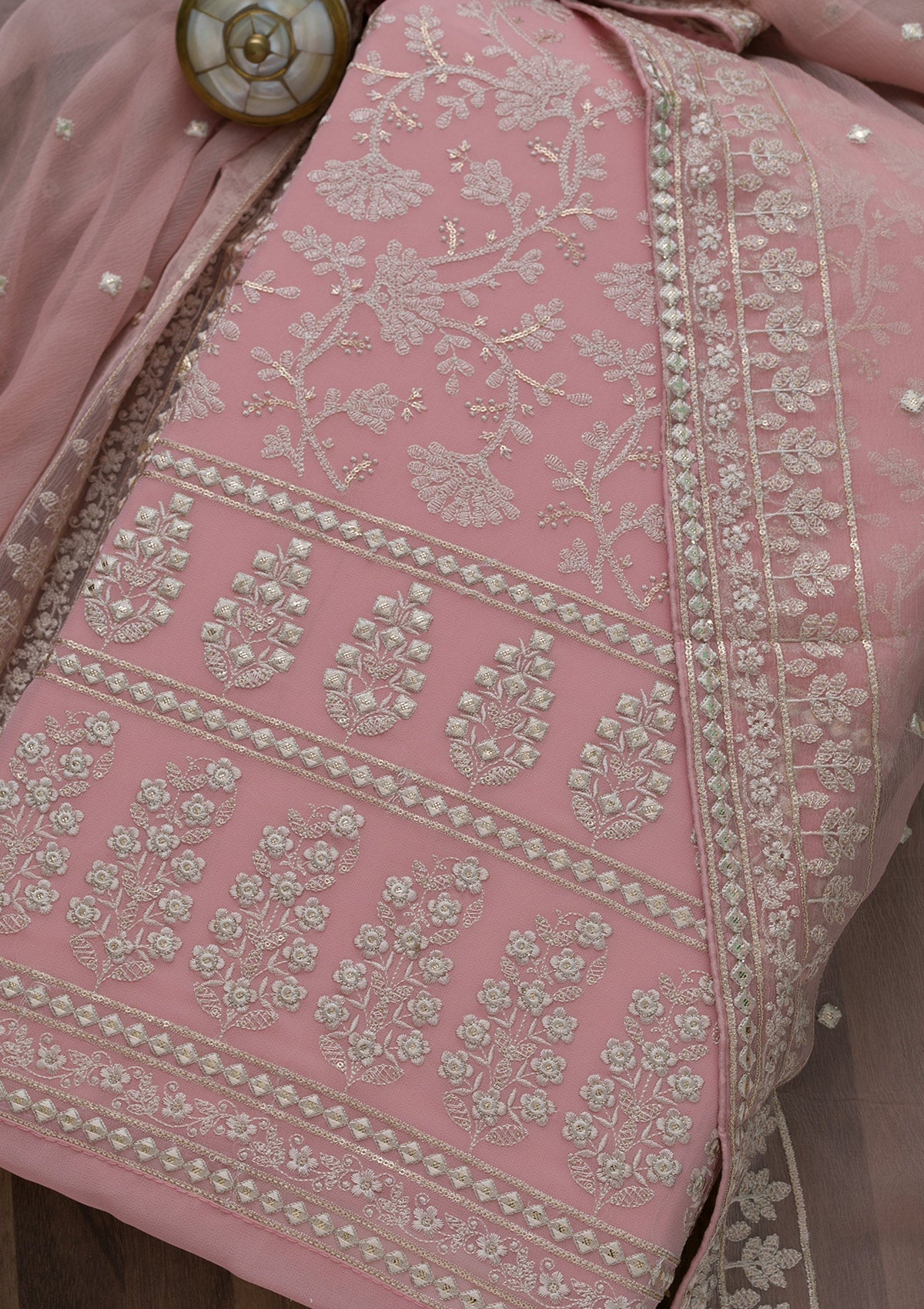 Pink Threadwork Georgette Unstitched Salwar Suit-Koskii