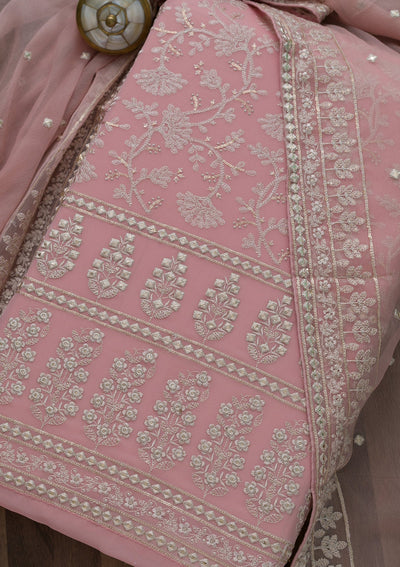 Pink Threadwork Georgette Unstitched Salwar Suit-Koskii