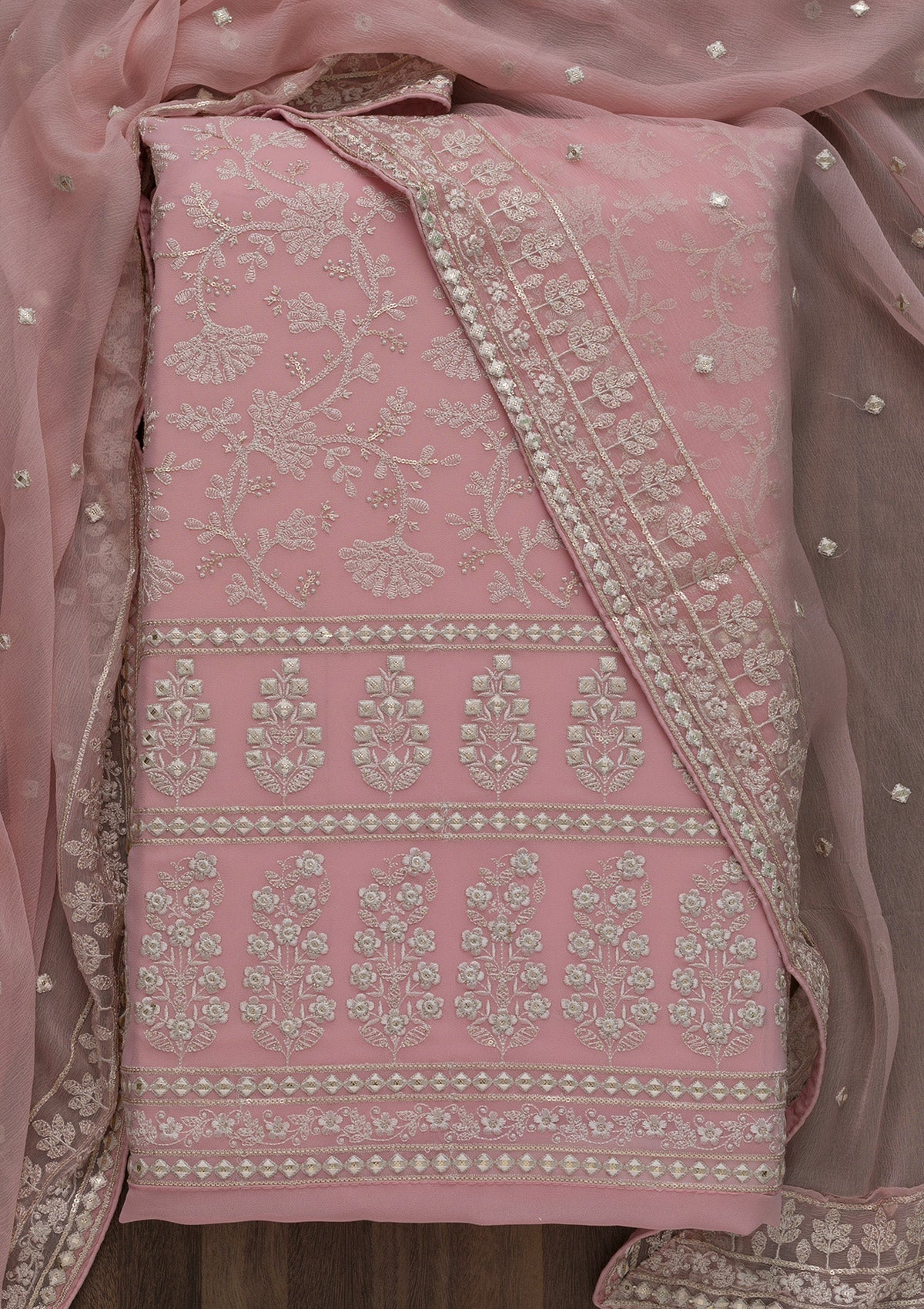 Pink Threadwork Georgette Unstitched Salwar Suit-Koskii
