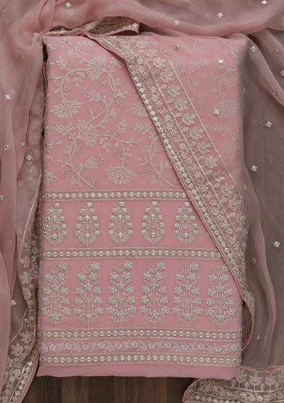 Pink Threadwork Georgette Unstitched Salwar Suit-Koskii