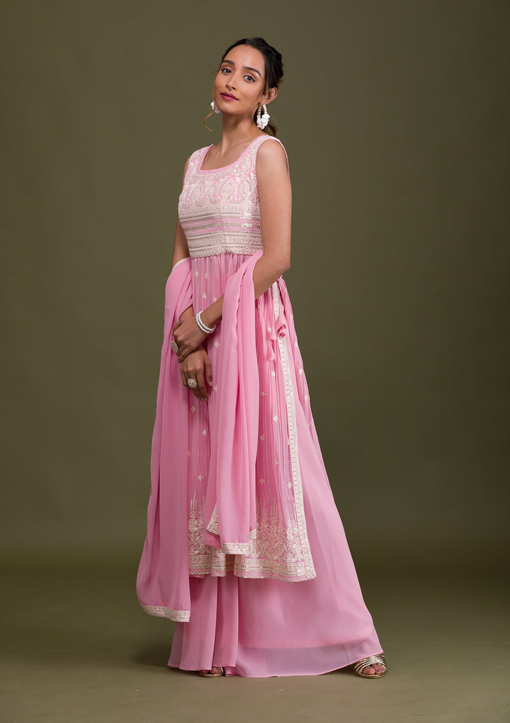 Pink Threadwork Georgette Readymade Salwar Suit-Koskii