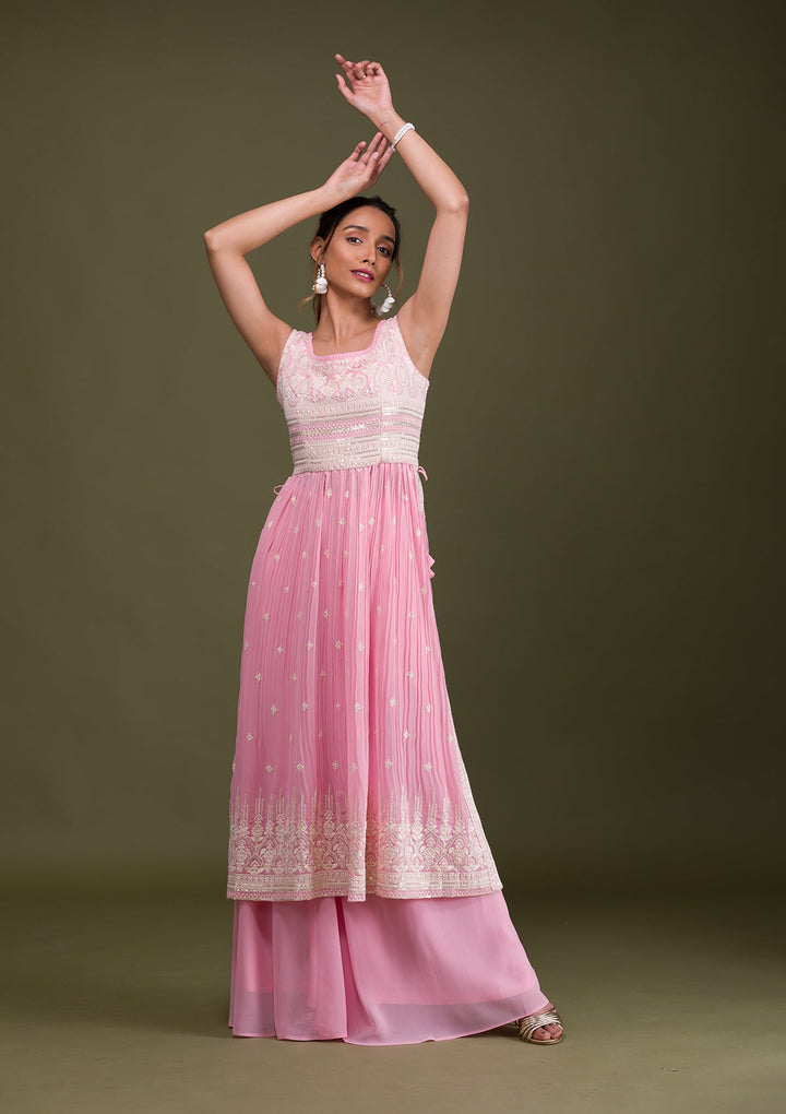 Pink Threadwork Georgette Readymade Salwar Suit-Koskii