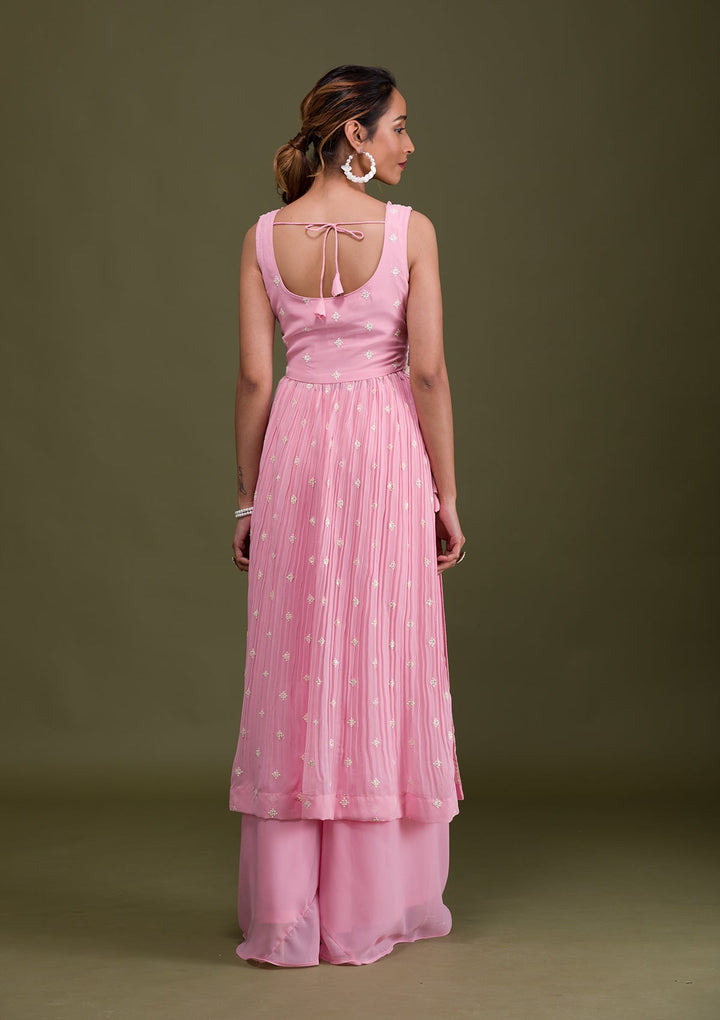 Pink Threadwork Georgette Readymade Salwar Suit-Koskii