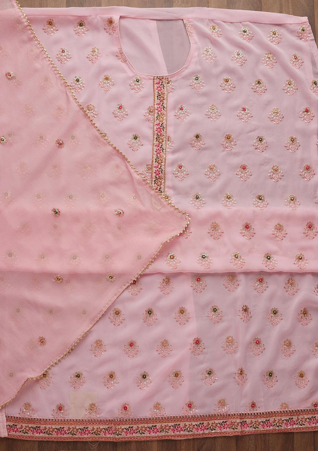 Pink Threadwork Georgette Semi-Stitched Salwar Suit-Koskii