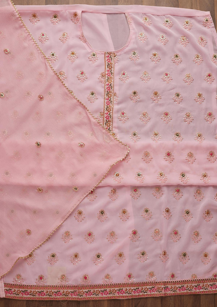 Pink Threadwork Georgette Semi-Stitched Salwar Suit-Koskii