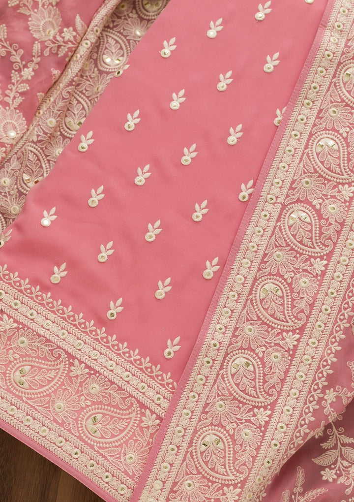 Pink Threadwork Georgette Unstitched Salwar Suit-Koskii