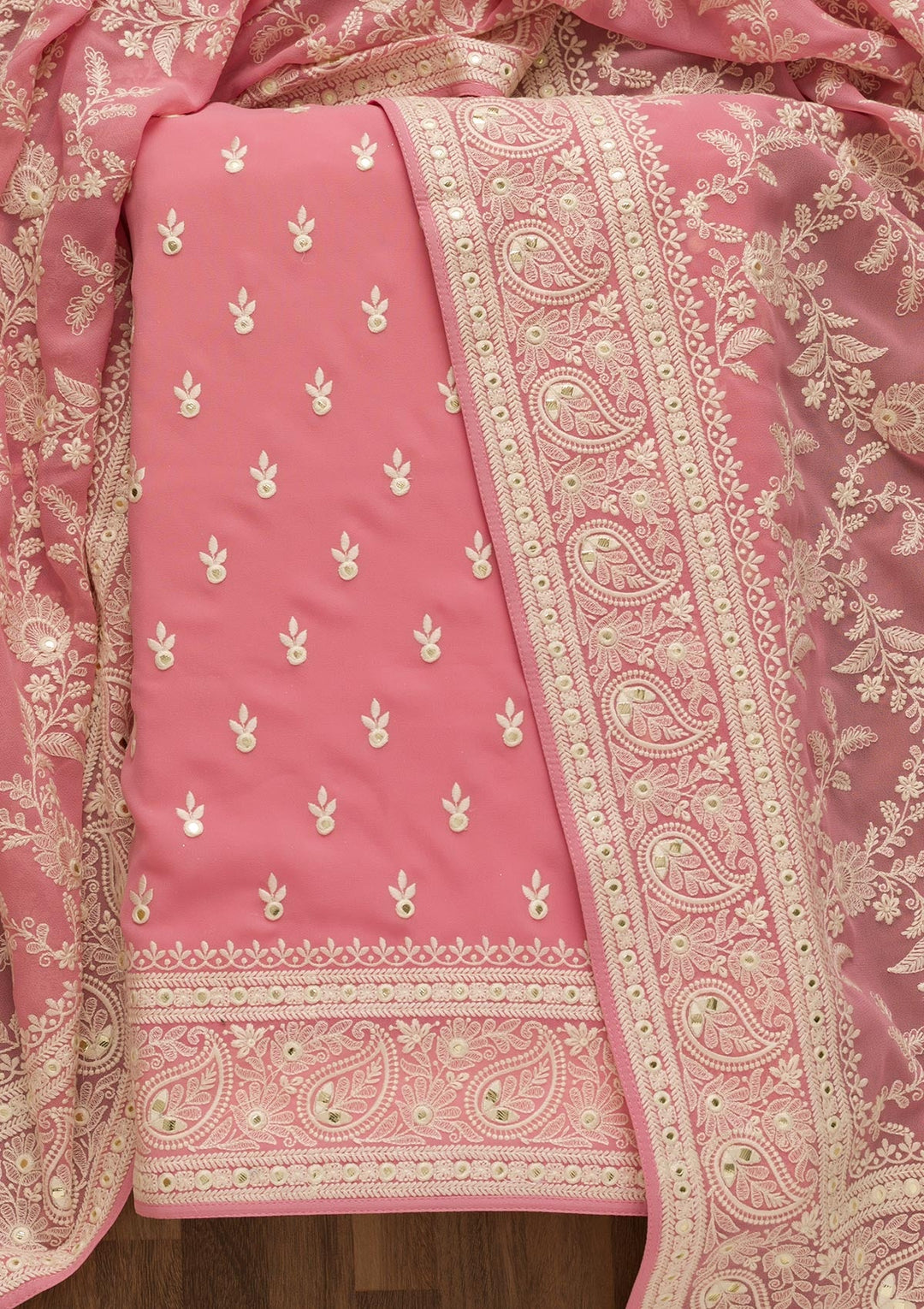 Pink Threadwork Georgette Unstitched Salwar Suit-Koskii