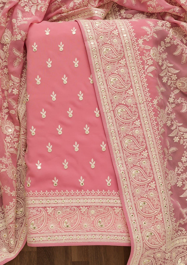 Pink Threadwork Georgette Unstitched Salwar Suit-Koskii