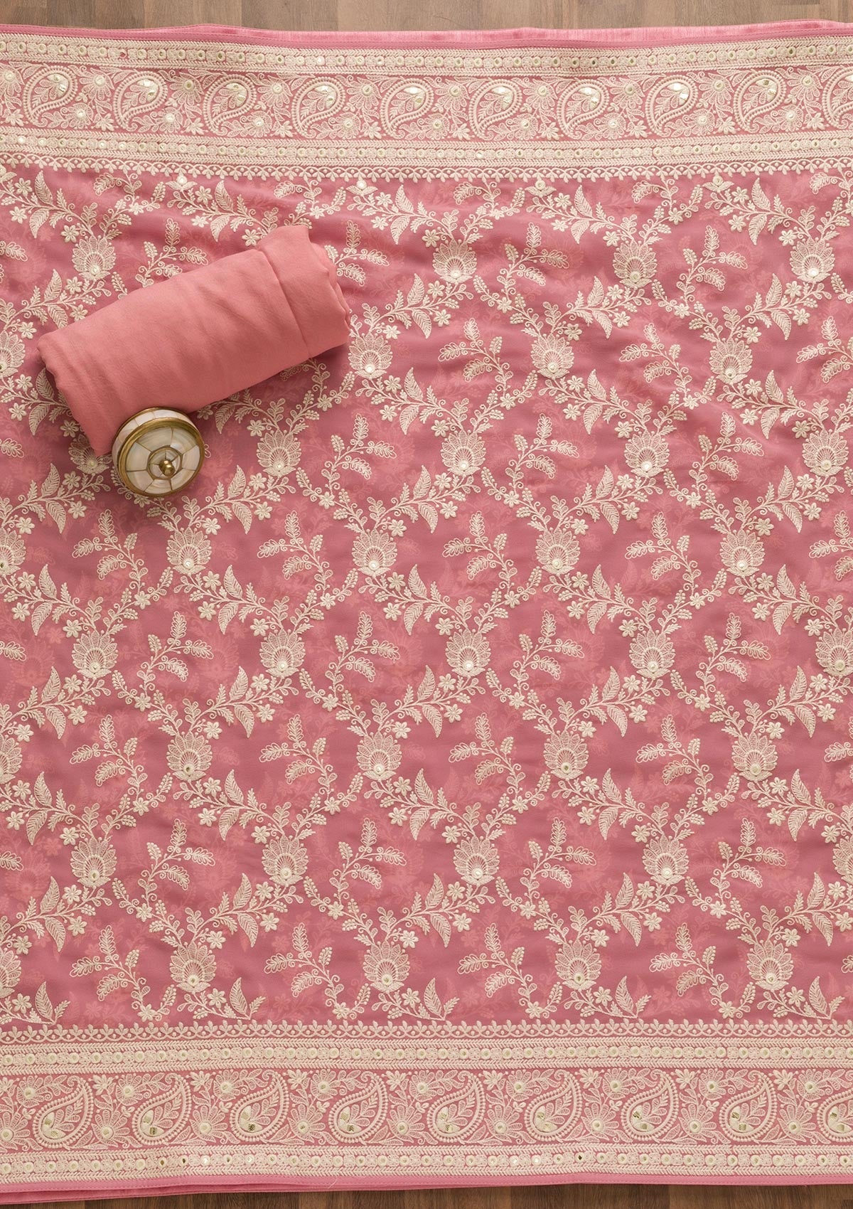 Pink Threadwork Georgette Unstitched Salwar Suit-Koskii