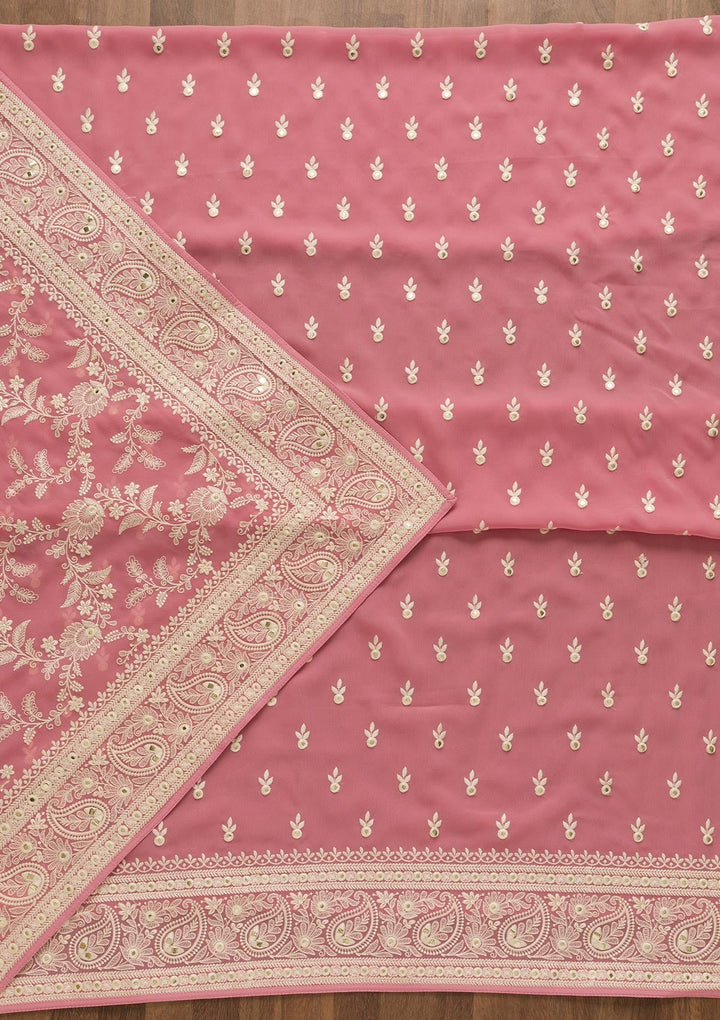 Pink Threadwork Georgette Unstitched Salwar Suit-Koskii