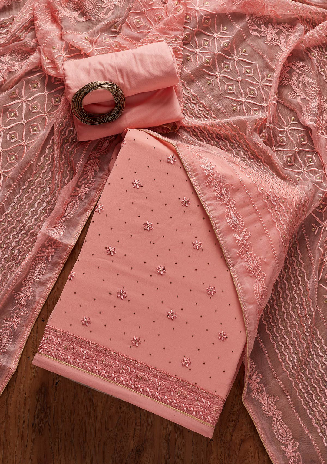 Pink Threadwork Georgette Designer Unstitched Salwar Suit - koskii