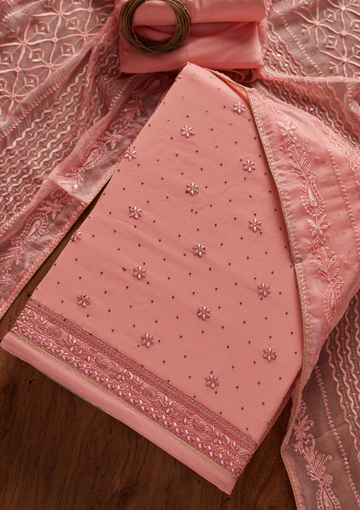 Pink Threadwork Georgette Designer Unstitched Salwar Suit - koskii