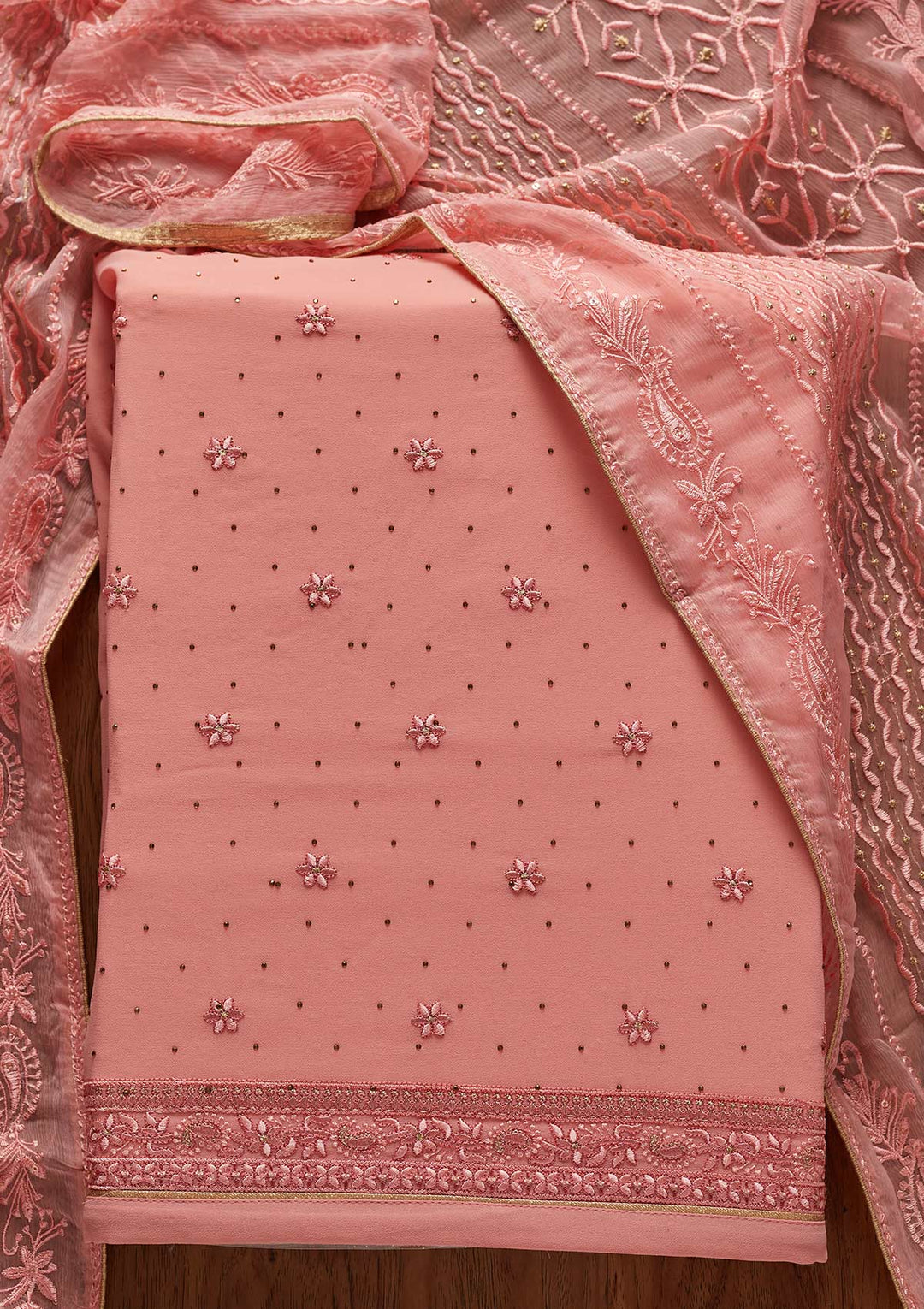 Pink Threadwork Georgette Designer Unstitched Salwar Suit - koskii