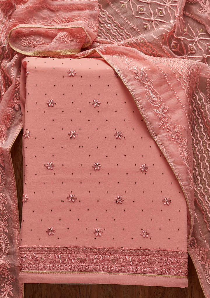 Pink Threadwork Georgette Designer Unstitched Salwar Suit - koskii