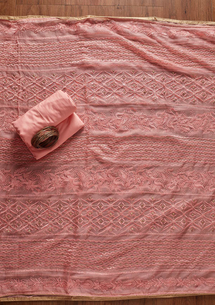 Pink Threadwork Georgette Designer Unstitched Salwar Suit - koskii
